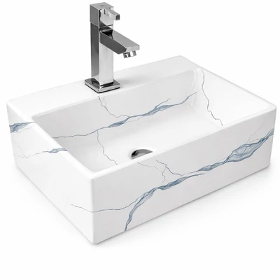 LEER-M || Umywalka nablatowa, ceramika, biała, marmur, kwadratowa