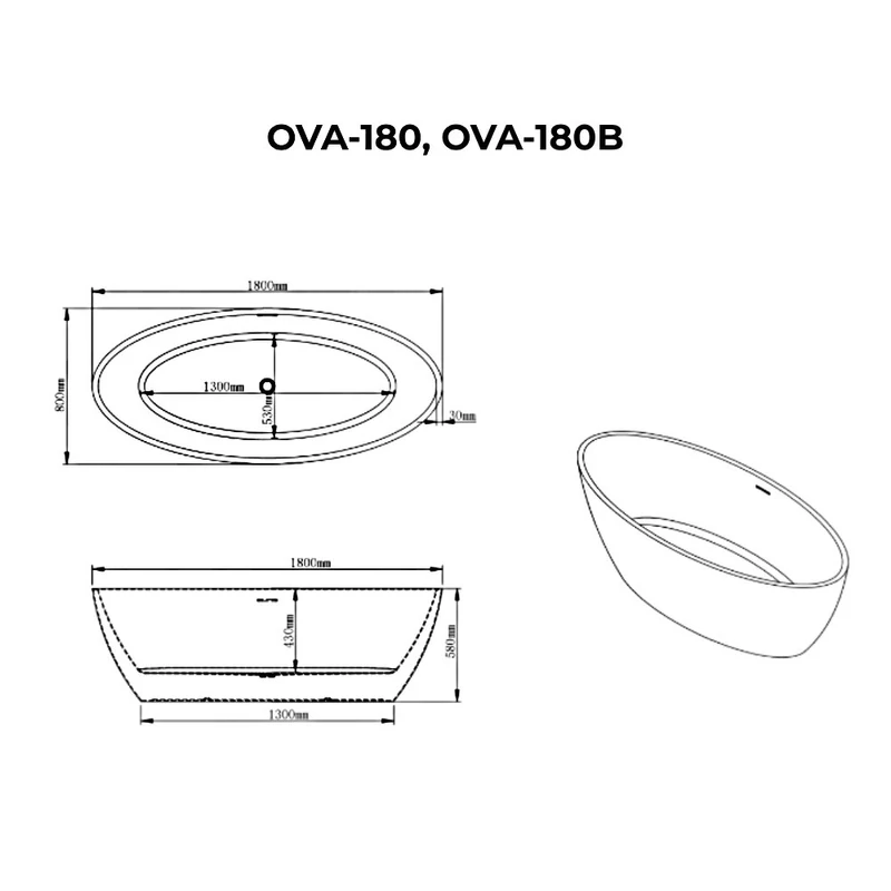 OVAL voľne stojaca vaňa, biela, 180x80x58 cm