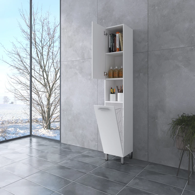 NORMANDIA 30 biały, Szafka łazienkowa, z koszem na pranie, schowkiem i półkami