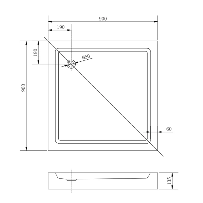 Almagro 90x90x13,5 cm Kwadratowy brodzik akrylowy z syfonem