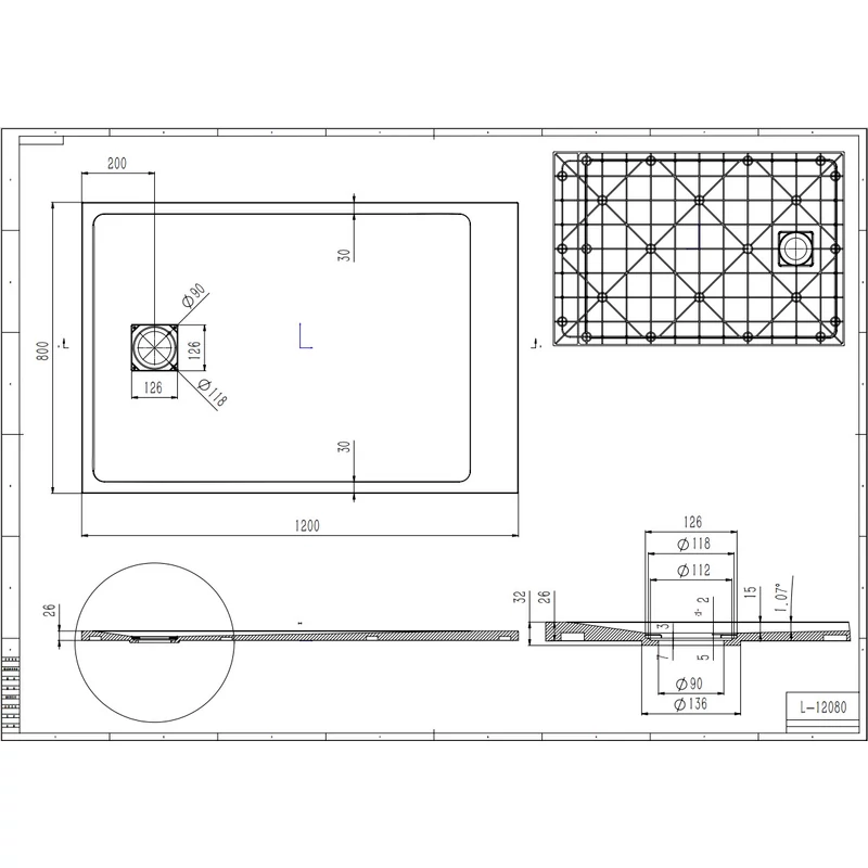 Cagliari Black 80x120x2,6 cm Kwadratowy brodzik SMC z syfonem