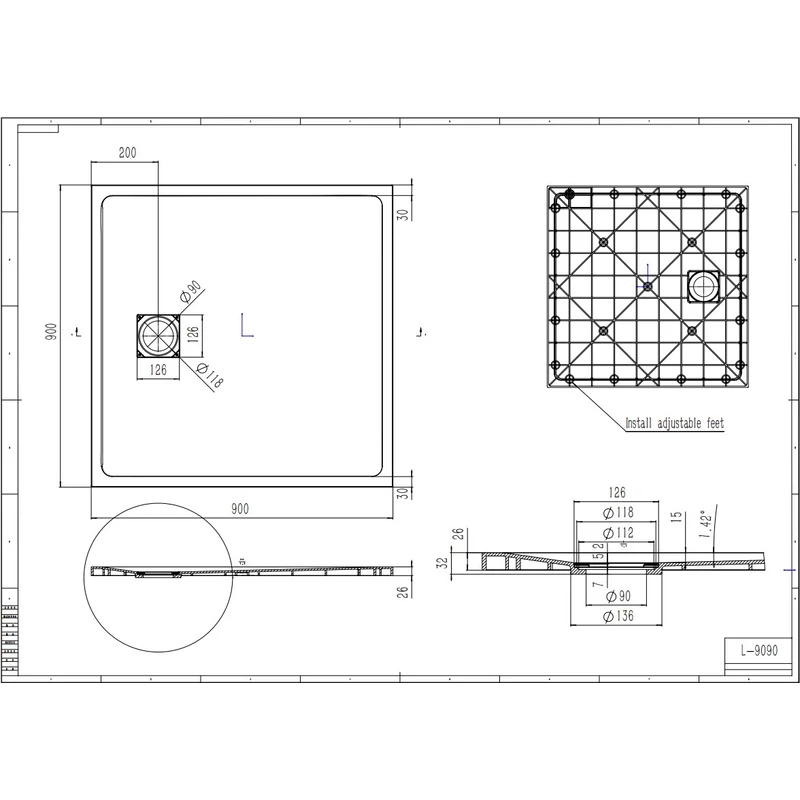 Cagliari Black 90x90x2,6 cm Štvorcová, SMC sprchová vanička