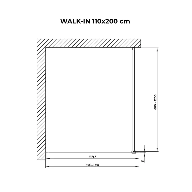 Walk-in Chrome ścianka prysznicowa, ze szkłem matowym, trawionym kwasem 110, 200cm, 8mm