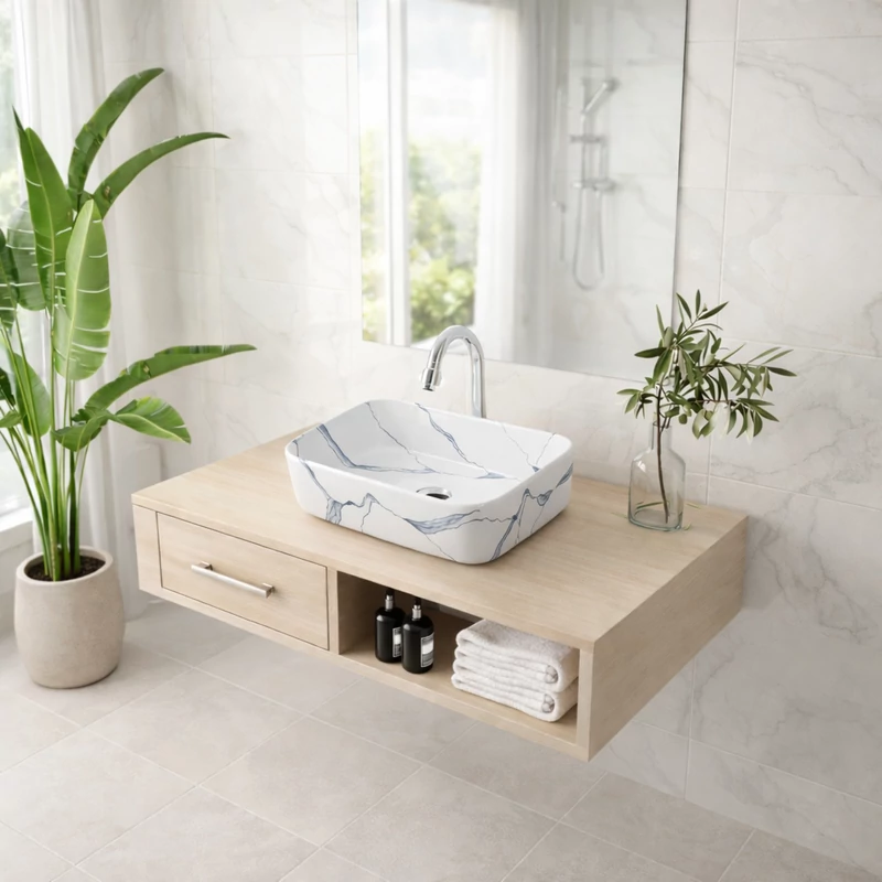 BERLIN-M || Umywalka nablatowa, ceramika, biała, marmur, prostokątna