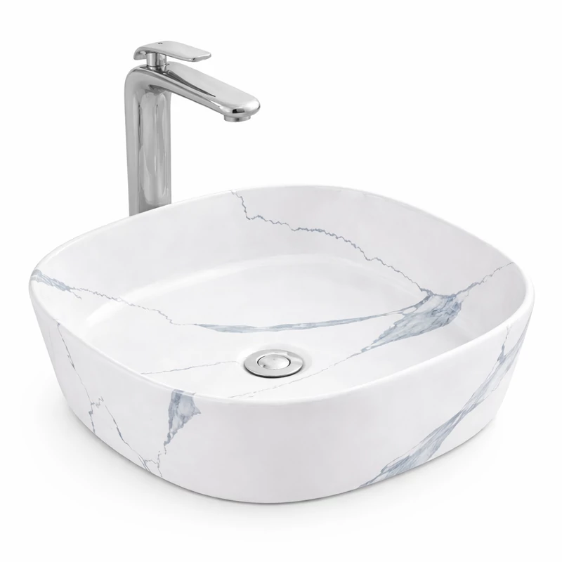 BERGAMO-M SLIM || Umywalka nablatowa, ceramika, biała, marmur, zaokrąglona