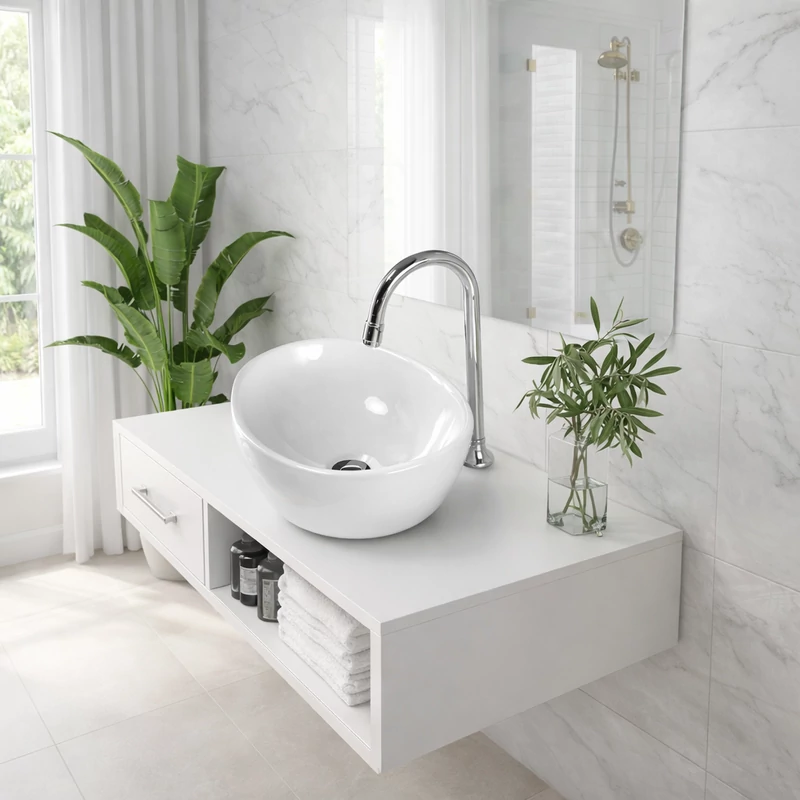 ASTI || Głęboka umywalka nablatowa, ceramika, biała, okrągła